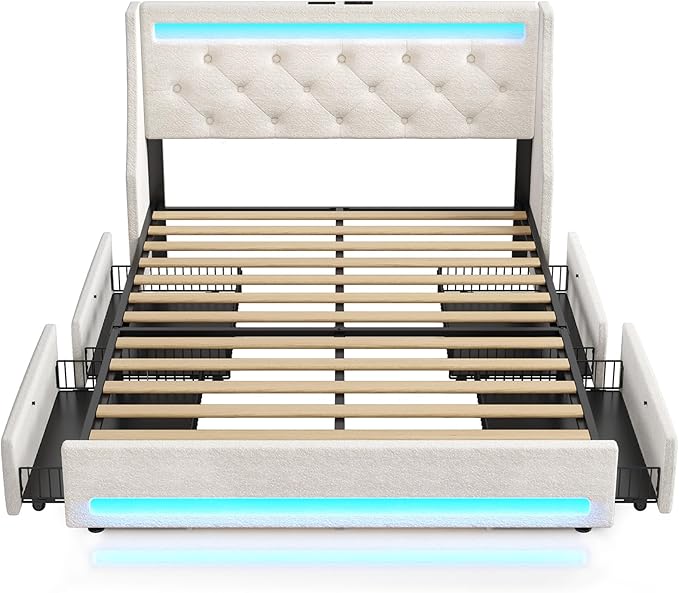Rolanstar Full Bed Frame with LED Lights and Charging Station, Upholstered Bed with Drawers, Wooden Slats, Noise Free, Easy Assembly, Beige