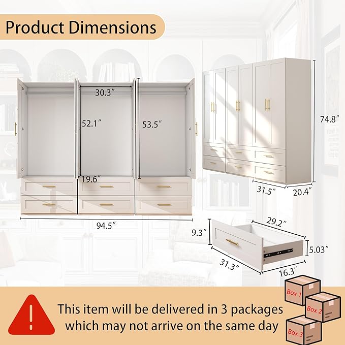 White Wardrobe with 2 Doors: 75" Tall Armoire Wardrobe Closet with 2 Drawers, Bedroom Closet Cabinet for Hanging Clothes, Wooden Storage Armoire with Shelves (Contemporary, 3)