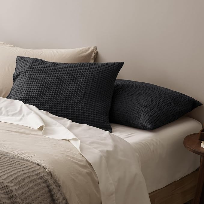 PHF Ultra Soft Waffle Weave Pillow Shams Standard Size, No Insert, 2 Pack 20" x 26" Pillowcases,Breathable & Skin-Friendly Pillow Cases, Stylish Decorative Bed Pillow Cases Covers, Black