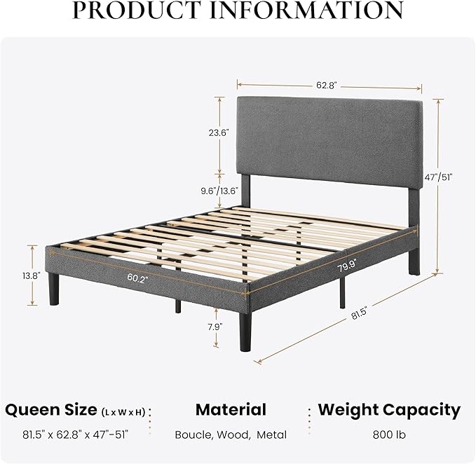 SHA CERLIN Queen Size Platform Bed Frame with Adjustable Headboard and Wooden Slats Support, Boucle Upholstered Mattress Foundation, No Box Spring Needed, Easy Assembly, Dark Grey