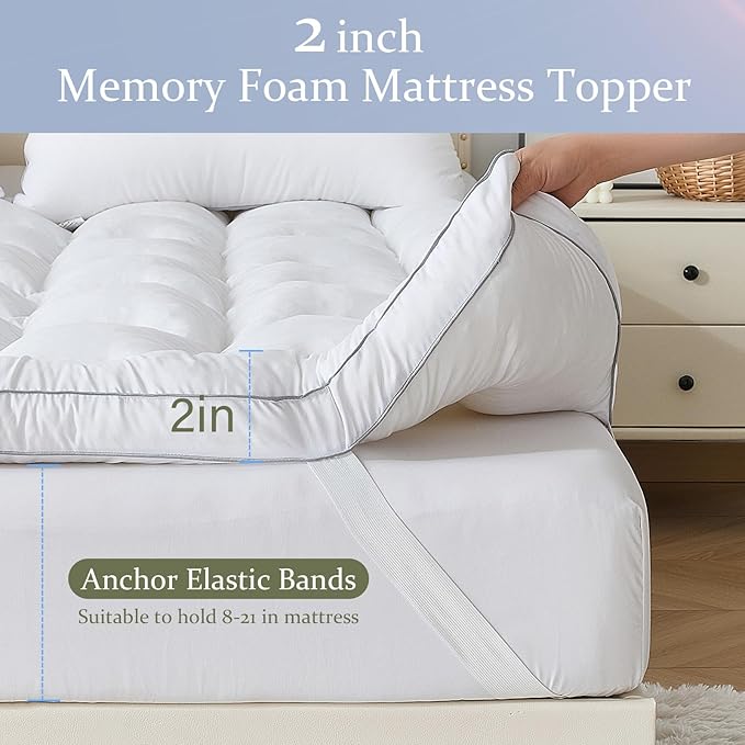 2 Inch Memory Foam Mattress Topper Queen for Back Pain, Extra Soft Pillow Top Mattress Topper, Fluffy Shredded Memory Foam Filled
