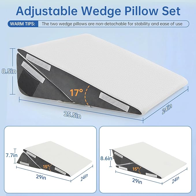 Vekkia 7-in-1 Adjustable Wedge Pillow Set for After Surgery – 2PCS Extra-Wide Bed Wedge Pillow for Adults, Ergonomic Headrest, Washable Cover for Acid Reflux, Back Pain, Sleeping, Snoring, White/Grey