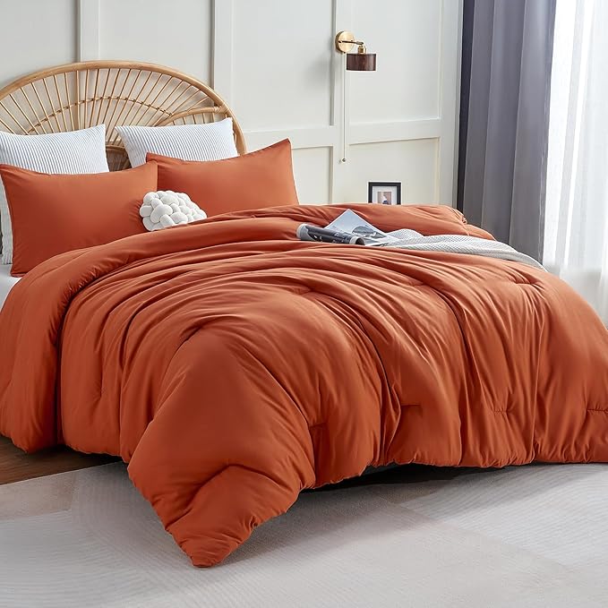 CozyLux Oversized King Comforter Set Terracotta, 3 Pieces 120x98 Solid Breathable Quilted Bedding Sets, Burnt Orange Luxury Soft Lightweight Bed Set with Down Alternative Comforter and 2 Pillowcases