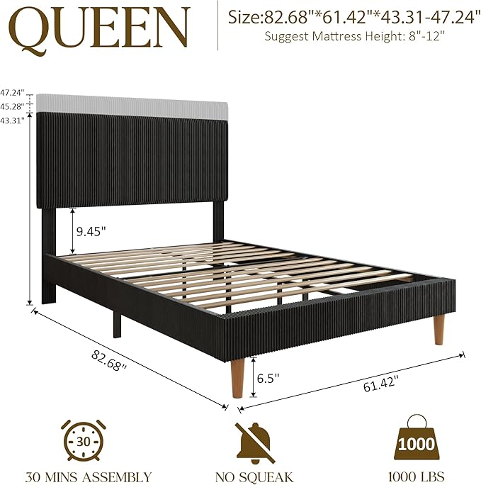 Queen Size Bed Frame, Upholstered Platform Bed with Adjustable Headboard, Vertical Fluted Tufted, Soft Corduroy Fabric, Wooden Slats Support, No Box Spring Needed, Easy Assembly, Black