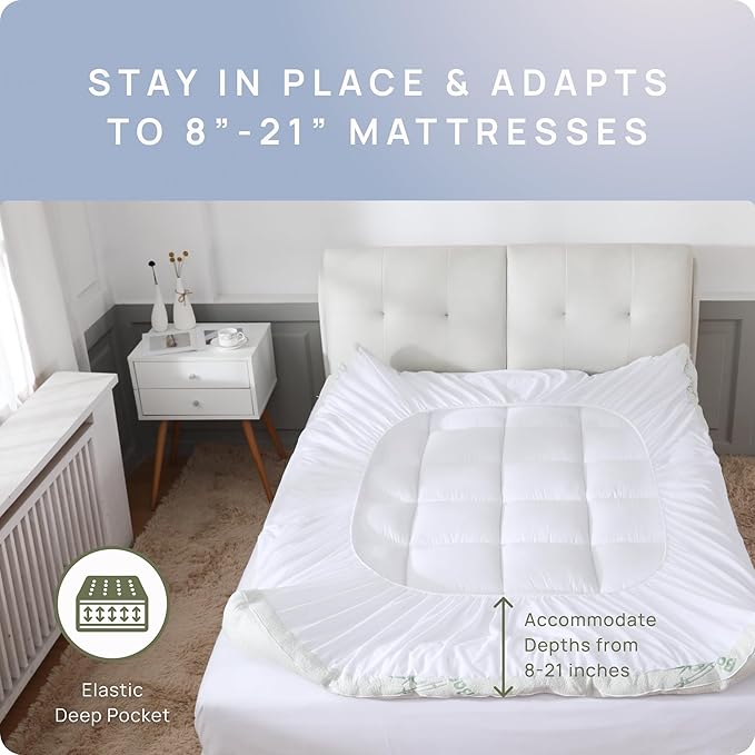 Cooling Mattress Topper - King Size | Plush Pad Mattress Topper for Back Pain Relief, 8-21" Deep Pocket | Viscose Made from Bamboo Pillow Top | Bedroom Essentials