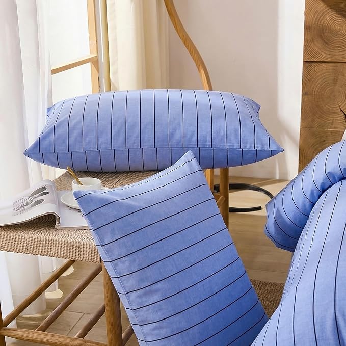 Merryword Standard Size Pillowcases, 100% Cotton Pillow Cases, Denim Blue Striped Pillowcases, Soft Breathable Pinstripe Pillow Covers, Set of 2
