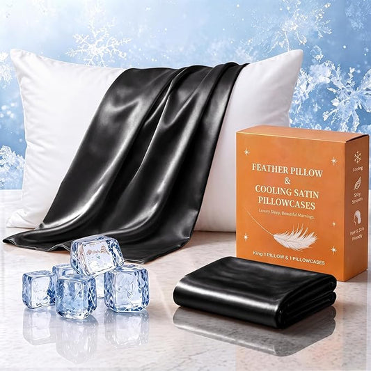 BHZ Black Satin Goose Down Feather Pillows King Size with Black Satin Pillowcase for Hair and Skin, Cooling Pillow Cases Similar to Silk Pillow Cases, Decorative for Women, Mom Men
