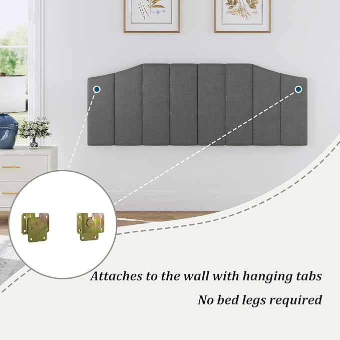 Furpopup Velvet Queen Size Headboard, Upholstered Headboard Queen/Full Size Wall Mount and Bed Frame Mount, Featuring High-Density Sponge Padding Luxury Texture Easy Assembly Comfort Style-Dark Gray
