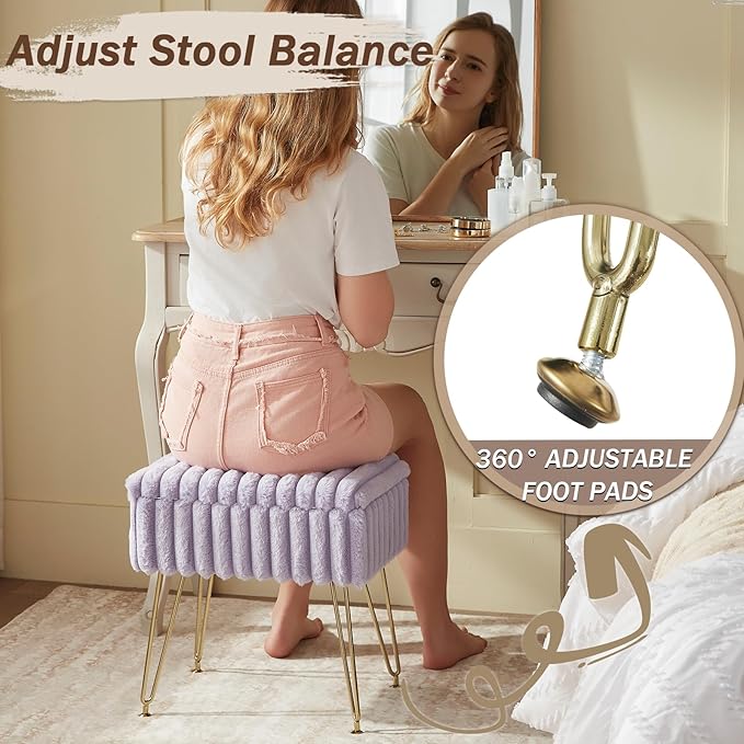 EBENCHICO Vanity Stool Chair with Storage, Faux Fur Stools for Vanity Makeup, Foot Stool Ottoman with 4 Metal Legs, Small Vanity Bench Seat Chairs for Living Room Bedroom