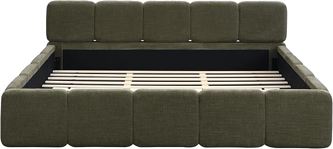 Merax California King Size Boucle Platform Bed with Thick Headboard and Footboard, Block Style Upholstery Floor Bed Frame, Green