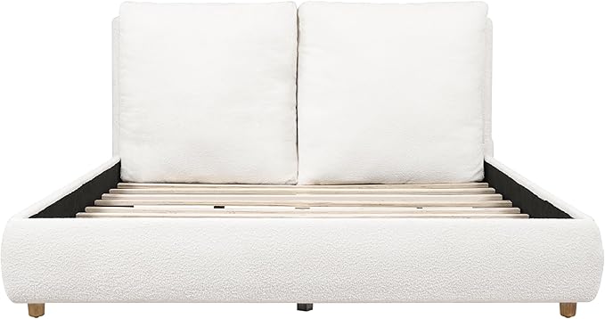 Merax Queen Size Boucle Fabric Upholstered Platform Bed with Two Removable Pillow Headboard, Wood Bed Frame with Solid Round Legs for Kids Teens Adults, White