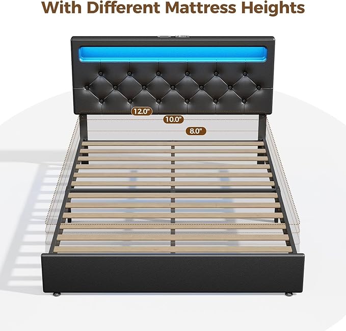 Rolanstar Full Size Bed Frame with Charging Station, LED Bed with Under Bed Storage, Adjustable Headboard 38.9/40.8 Inches, No Box Spring Needed, Noise Free, Easy Assembly, Black