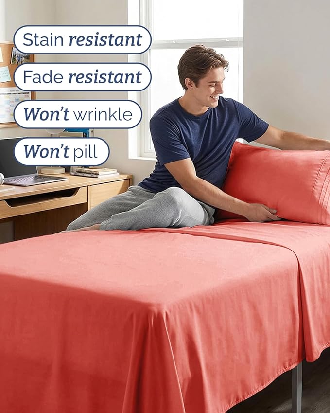 Twin XL 4 Piece Sheet Set - Comfy, Breathable & Cooling - Hotel Luxury Bedding for Women, Men, Kids, Teens and Children - 1 Flat & 1 Fitted Sheet & 2 Pillowcases w/ Deep Pockets - Wrinkle Free - Coral