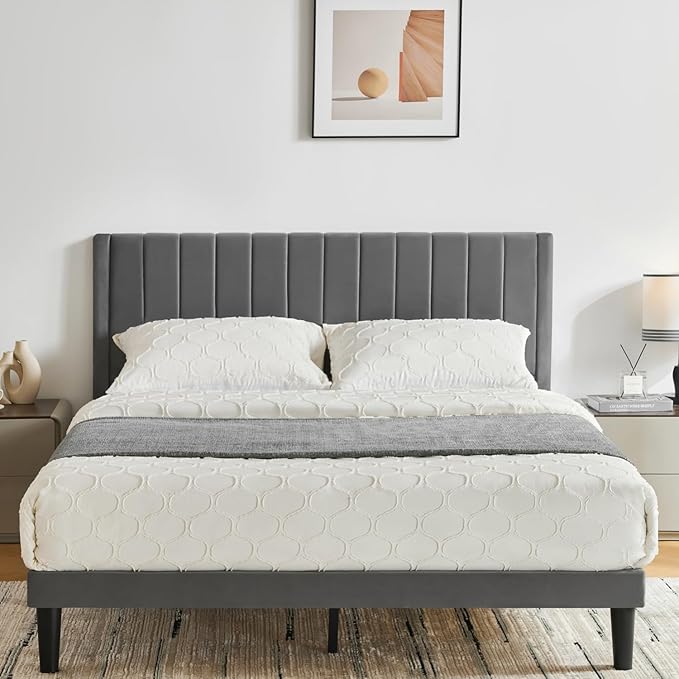 Queen Bed Frame Upholstered Platform,Queen Size Bed Frame with Velvet Headboard,Non-Slip and Noise-Free/Wooden Slats Support/No Box Spring Needed/Easy Assembly/Mattress Foundation (Grey, Queen)