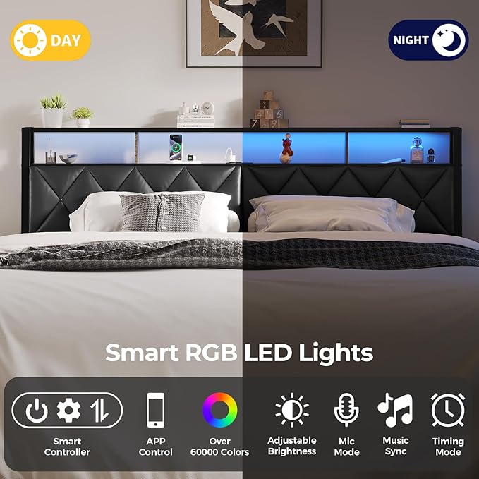 King Headboard Only, Headboard for King Size Bed with Storage, Upholstered Headboards with LED Lights & Charging Station, Attach Frame, Ideal for Bedroom/Dorm/Guest Room, Black, Faux Leather