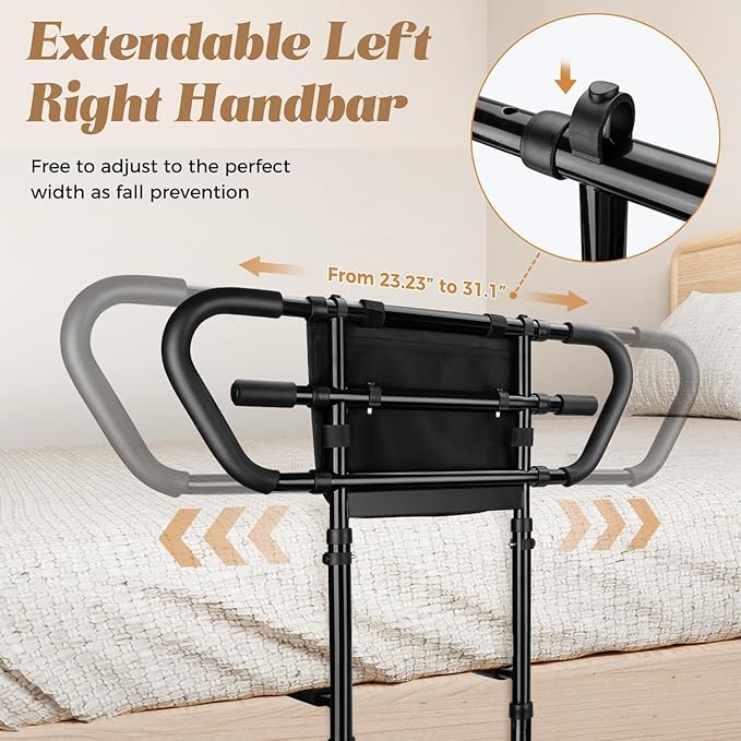 Bedside Rail for Elderly Safety Adjustable Bed Aid with Storage Pocket, Non-Slip Handle,400 lbs Gravity Capacity (Stand-Compatible with Bed Frames 13.19" or Higher) (Black)