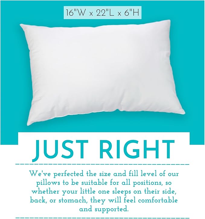 Little Sleepy Head Youth Pillow 16x22 - Soft & Hypoallergenic Bed Pillow Youth Pillows for Sleeping Age 5-10 - Snugly Designed Youth Neck Pillows for Travel, School and Bedtime - (2 Pack)
