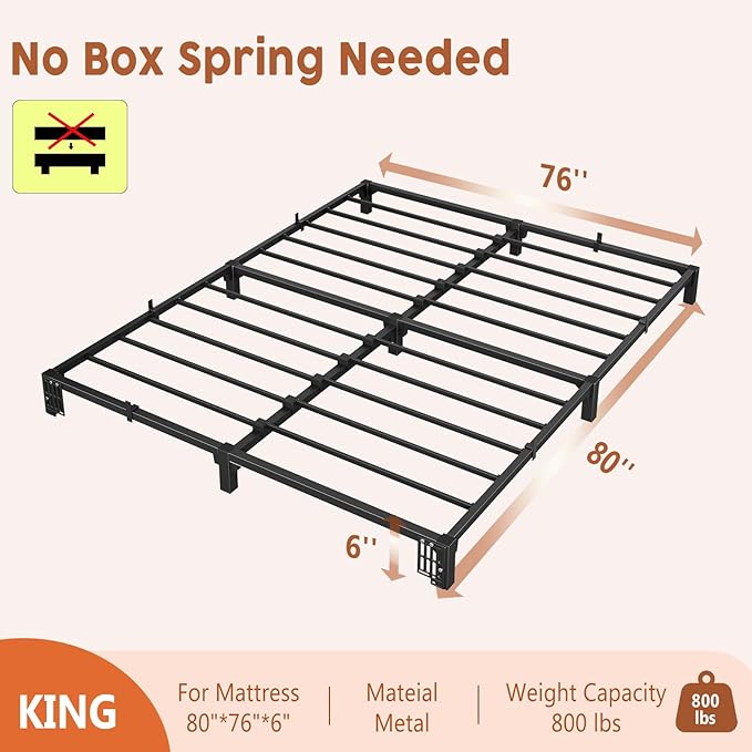GarveeHome 6 in King Bed Frame, Heavy Duty Metal Platform Bed Frame with Durable Iron Slat Support and Legs, No Box Spring Required, No Screws Needed, Support Up to 800 LBS