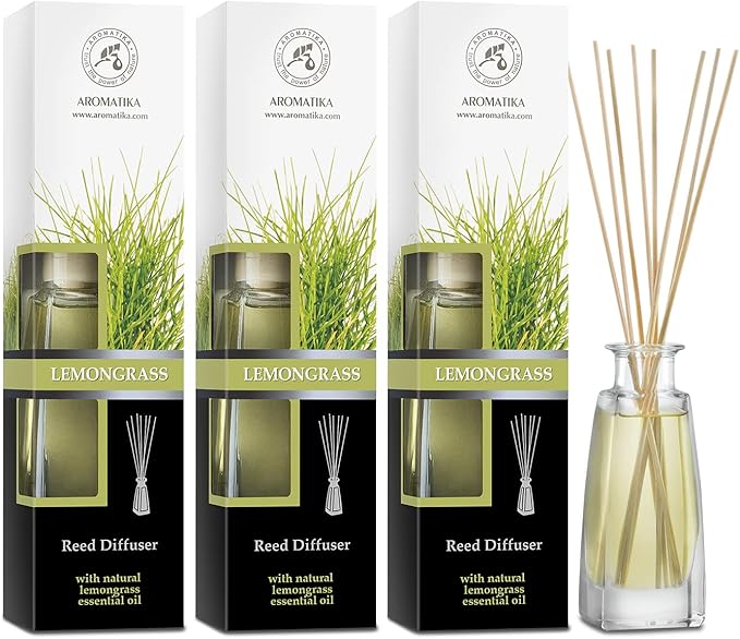 Lemongrass Diffuser - Set 3x3.4 Fl Oz - Fresh & Long Lasting Fragrance - Diffuser with Natural Essential Lemongrass Oil - Good for Aromatherapy - Spa - Home Set wich 3 pc for 100 ml