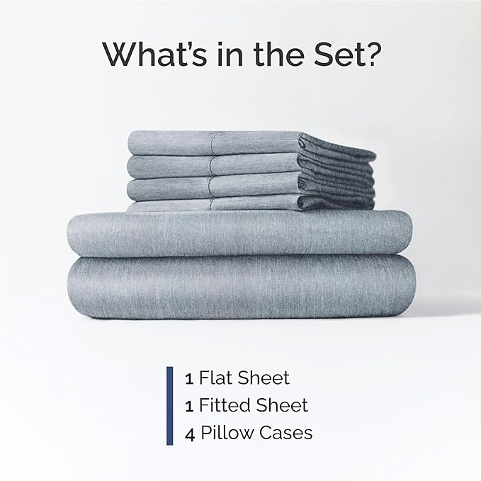 Full 6 Piece Sheet Set - Comfy, Breathable & Cooling - Soft Hotel Luxury Bedding for Women, Men, Kids, Teens and Children - 1 Flat & 1 Fitted Sheet & 4 Pillowcases with Deep Pockets - Heathered Blue