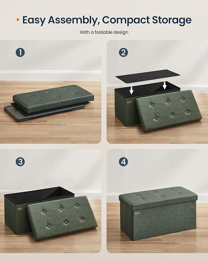 SONGMICS HOME Storage Ottoman, Removable Lid, Foldable Foot Stool, PU Leather, for Entryway, Living Room, Bedroom, 15.2 x 30.2 x 15.2 Inches, Green