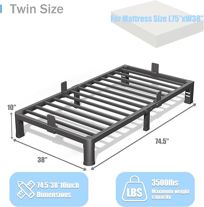 Yitong Angel 10 inch Twin Bed Frame with Rounded Corner Legs and Headboard Hole Mattress Slide Stopper Low Profile Heavy Duty Support Metal Platform,No Box Spring Needed,Noise Free,Easy Assembly