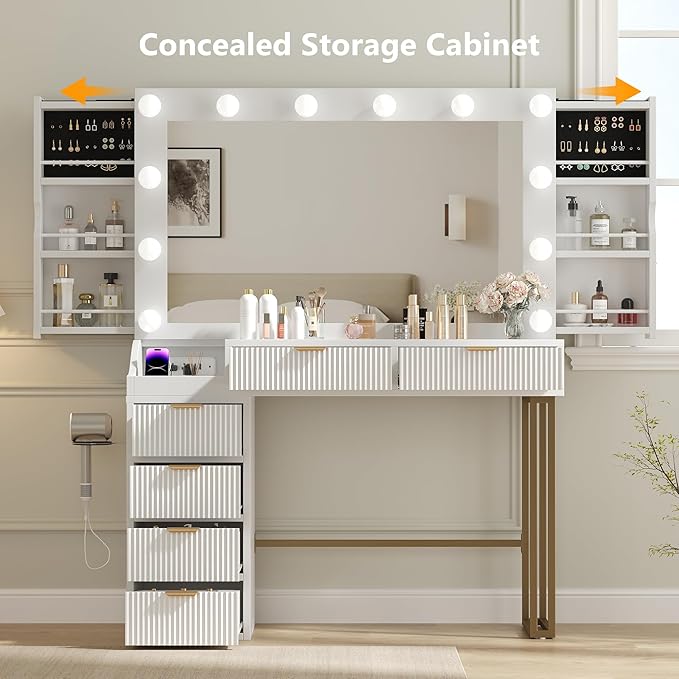 Feonase Vanity Desk, White 43'' Large Makeup Vanity Desk with Mirror and 12 Lights, 3 Color Modes, Glass Top Makeup Table with 6 Drawers and 2 Side Cabinets, Built in Charging Station