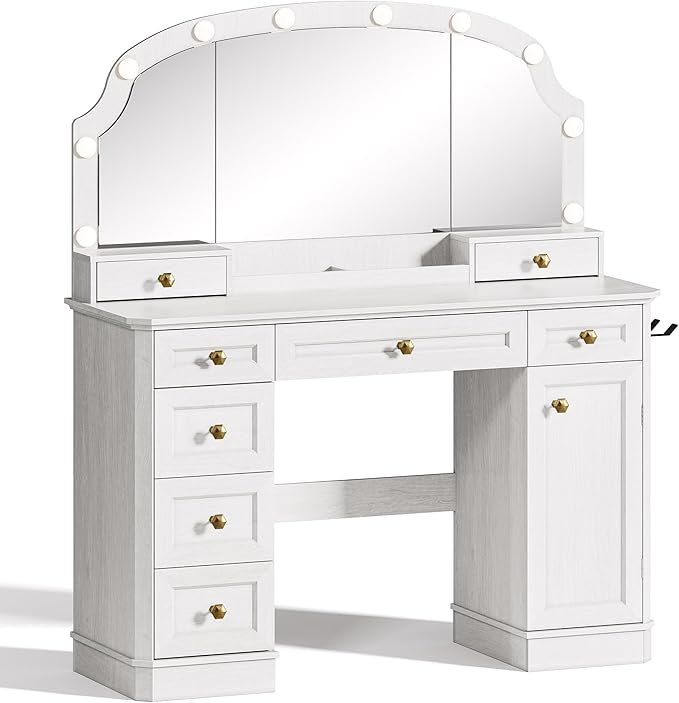 Farmhouse Makeup Vanity Desk with Mirror and Lights, 47'' Vanity Table with 8 Storage Drawers 1 Cabinet & 2 Organizer Trays, Big Dressing Table with Charging for Bedroom Classic White