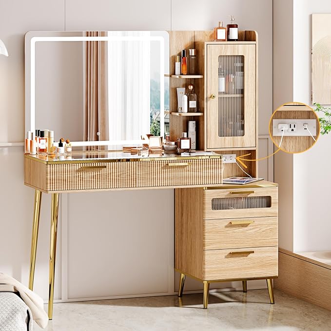 Arulvmrn Vanity Desk with Mirror and Lights, with Power Outlet and 10 Lights Modern Capacity Makeup Vanity with 3 Drawers, Makeup Table for Bedroom,Makeup Room,White