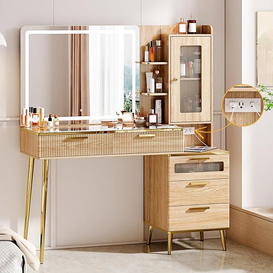 Arulvmrn Vanity Desk with Mirror and Lights, with Power Outlet and 10 Lights Modern Capacity Makeup Vanity with 3 Drawers, Makeup Table for Bedroom,Makeup Room,White