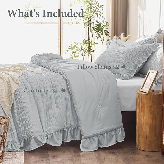 JOLLYVOGUE Light Grey Queen Comforter Set, 3 Pieces Seersucker Comforters Queen Size, Lightweight & Fluffy Bedding Sets Queen for All Season with 1 Ruffle Comforter and 2 Ruffle Pillowshams