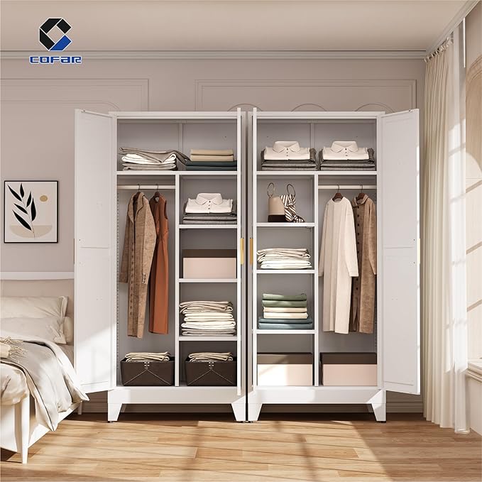 COFaR Metal Wardrobe Closet, Bedroom Armoire with Adjustable Hanging Rod and Shelves, Farmhouse Broom Closet Storage Cabinet for Garage Laundry Office, Roperos para Guardar Ropa, 71'' Tall White