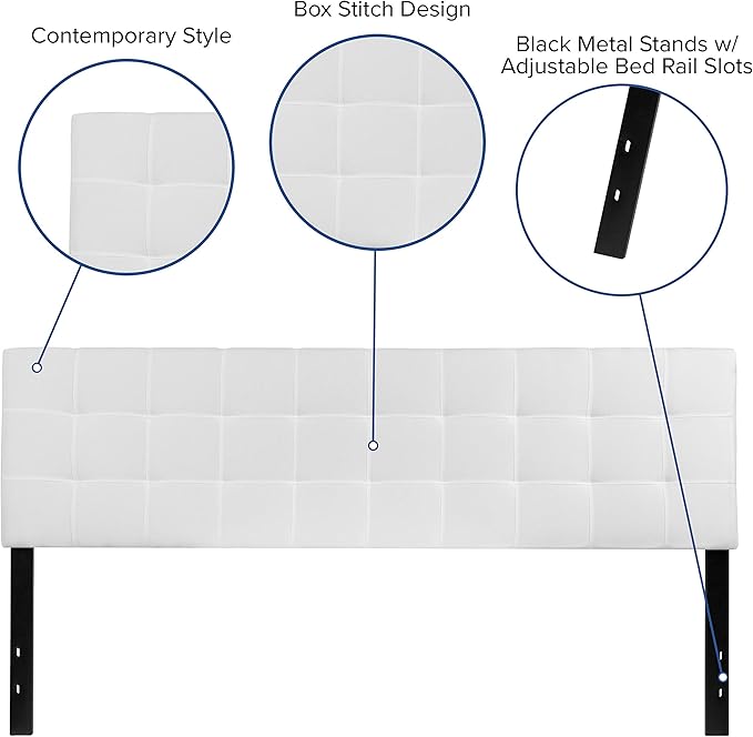 Flash Furniture Bedford Box Stitch Tufted Upholstered King Size Headboard in White Fabric
