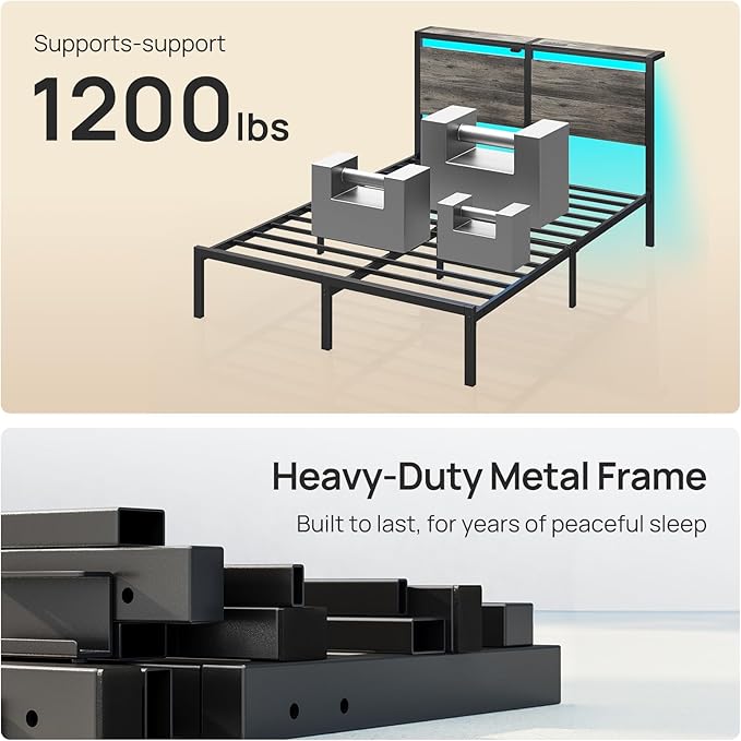 Rolanstar Queen Bed Frame with Charging Station, LED Bed Frame Queen with Wood Storage Headboard, Platform Bed with Metal Slats & Under Bed Storage, No Box Spring Needed, Noise Free, Deep Grey