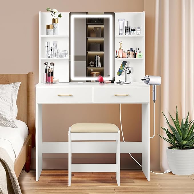 QUALIKRAFT Lighted Makeup Vanity Desk with Power Outlet & Stool, White Dressing Table with LED Mirror, with Drawers, 6 Shelves for Bedroom Organization, Gift for Women