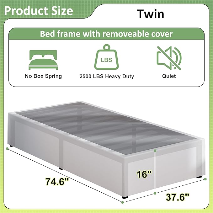 Upcanso 16 Inch Twin Bed Frames with White Skirt Cover, Metal Twin Size Bed Frame with Storage, Heavy Duty, No Box Spring Needed, Easy Assembly, Noise Free, Mattress Foundation