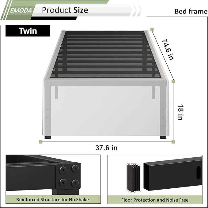 EMODA 18 Inch Twin Bed Frames with White Cover Skirt, Heavy Duty Metal Twin Platform Bed Frame No Box Spring Needed, Noise Free, Easy Assembly