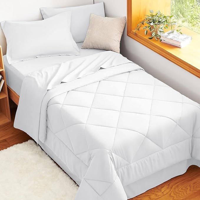 CozyLux Twin XL Comforter Set White - 5 Pieces Twin Extra Long Bed in a Bag for College Dorm, All Season Bedding Set for Girls and Boys, Soft Bed Set with Comforter, Sheets, Pillowcase & Sham
