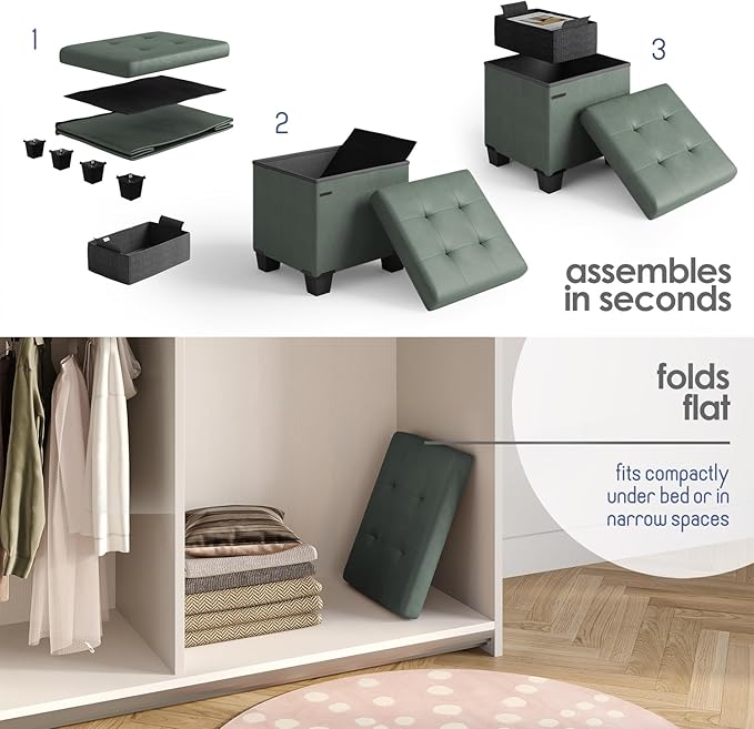 Storage Ottoman Cube with Small Bin, 15-in Square Ottoman with Storage for Living Room and Bedroom, Small Ottomans Foot Rest, Leather Foot Stools Ottomans Max 330lbs, Green