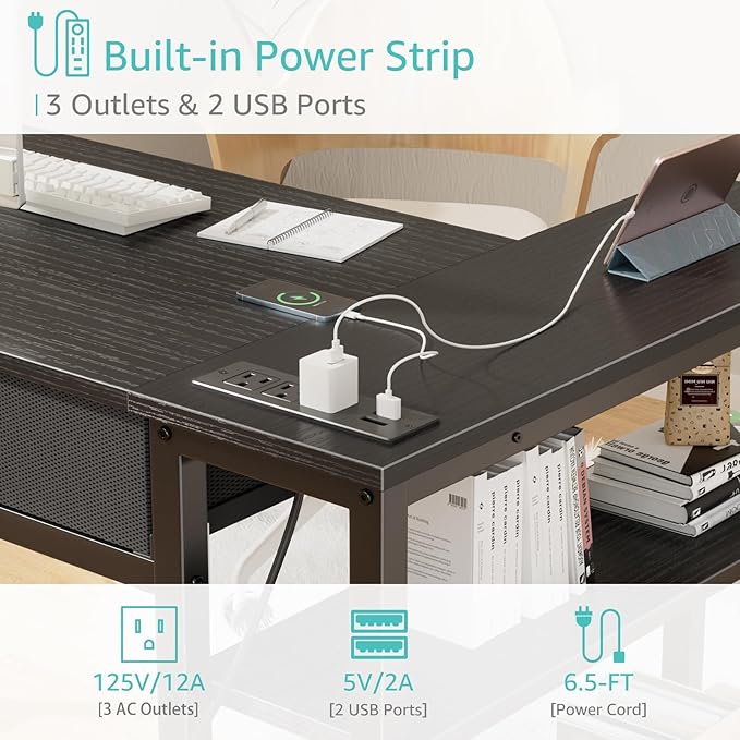 DLisiting Black Corner Desk for Small Space with Drawers, Reversible Gaming L Shaped Computer Desk with Storage Shelves for Boys, Corner Work Study PC Desks for Bedroom