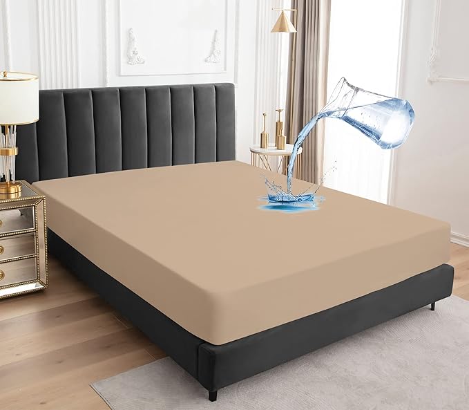 Sufdari Waterproof Mattress Protector, Mattress Cover Twin Size for Bed,18" Deep Pocket Fitted Sheet Style Mattress Protector with Elastic Rubber Band-Light Tan,Twin