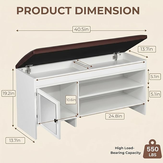 Shoe Bench with Storage - Lift Top Entryway Bench with Hidden Storage, Bench with Adjustable Shelves and Cushioned Seat, Wood Storage Bench for Entryway Mudroom, Bedroom End of Bed, Hallway,40.5in