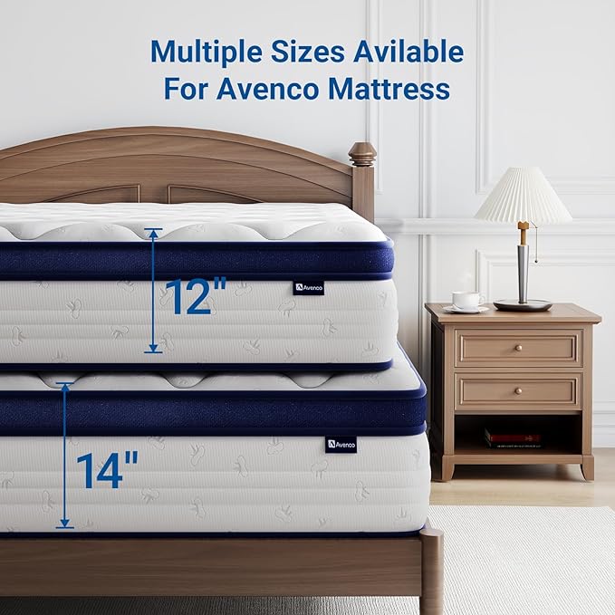 Avenco King Size Mattress, Hybrid King Mattress in a Box, 14 Inch King Size Mattresses with Comfort Foam and Pocket Coils for Pressure Relief Motion Isolation