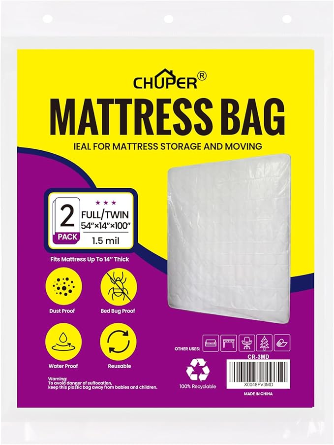 2 Pack Full/Twin XL Mattress Bags for Moving Storage, Full Size Mattress Bag for Disposal, Waterproof Plastic Mattress Cover for Moving