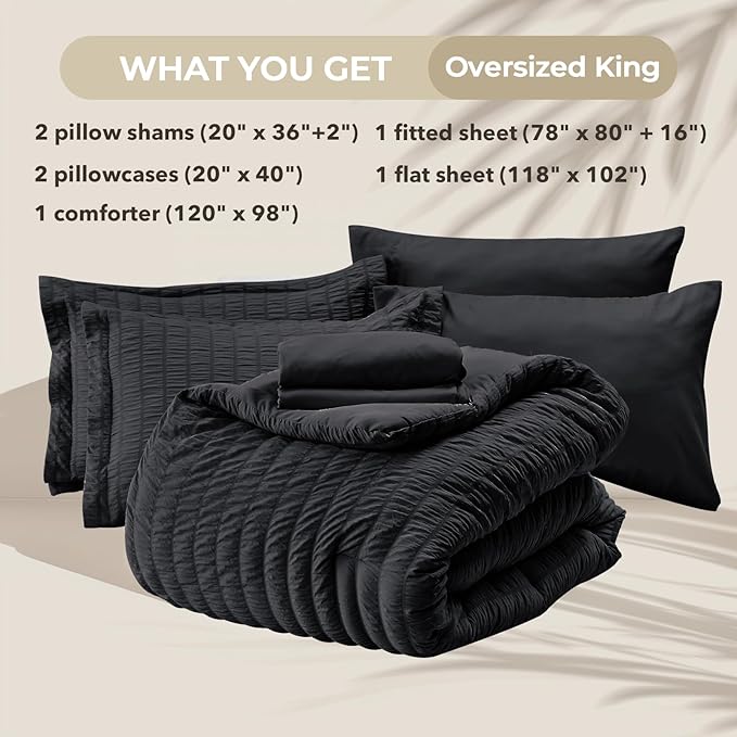 HYMOKEGE Black Oversized King Comforter Set Seersucker 7 Pieces, All Season Luxury Bed in a Bag for Bedroom, Bedding Set with Comforter, Sheets, Pillowcases & Shams