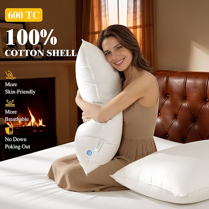 Luxury Canadian White Goose Down Pillow Standard Size Set of 2, 750+ Fill Power, 800 TC Cotton Shell, Soft Down Pillows for Sleeping, Hotel Collection Pillow for Neck Pain Relief (2 Pack, 20"x26")