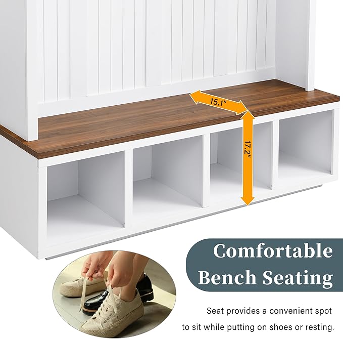 Merax Farmhouse Wood 59''W Hall Tree with 4 Hooks and Entryway Shoe Bench, 4-in-1 Coat Racks with 4 Open Compartments and Cabinets, for Entrance, Hallway, Mudroom, White