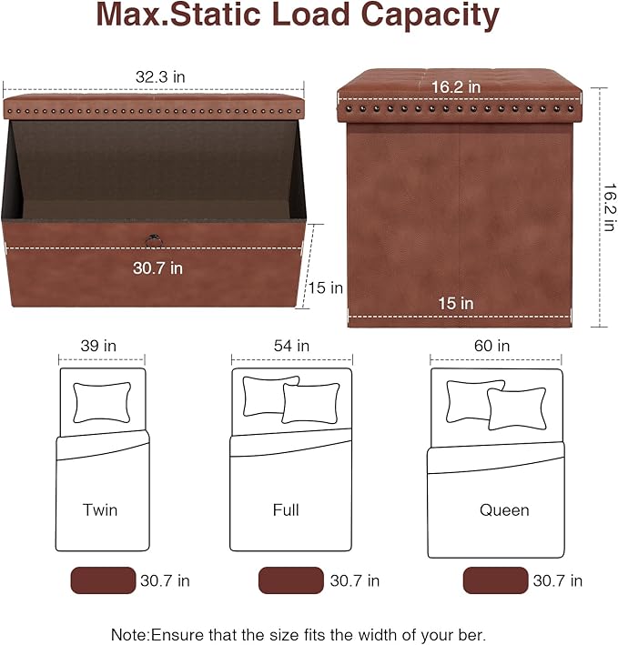 Storage Ottoman, Ottoman Faux Leather Bench, Rectangular Storage Ottoman for Bedroom End of Bed,Combination of Button Suede Rivet Design Ottoman with Storage 32.28" L x 15.75" W x 15.75" H