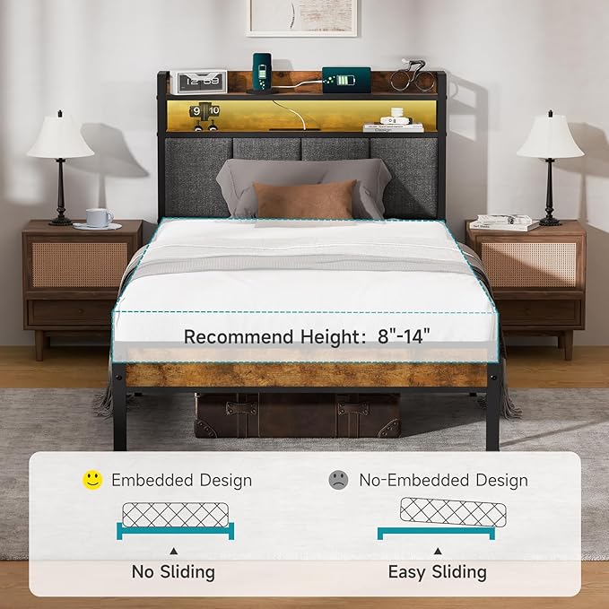 Twin Bed Frame with LED Light &Charging Station, Metal Platform Bed with 2-Tier Shelves & Under Bed Storage, Upholstered Headboard&Footboard,No Box Spring Needed,Noise Free,Easy Assembly,Vintage Brown