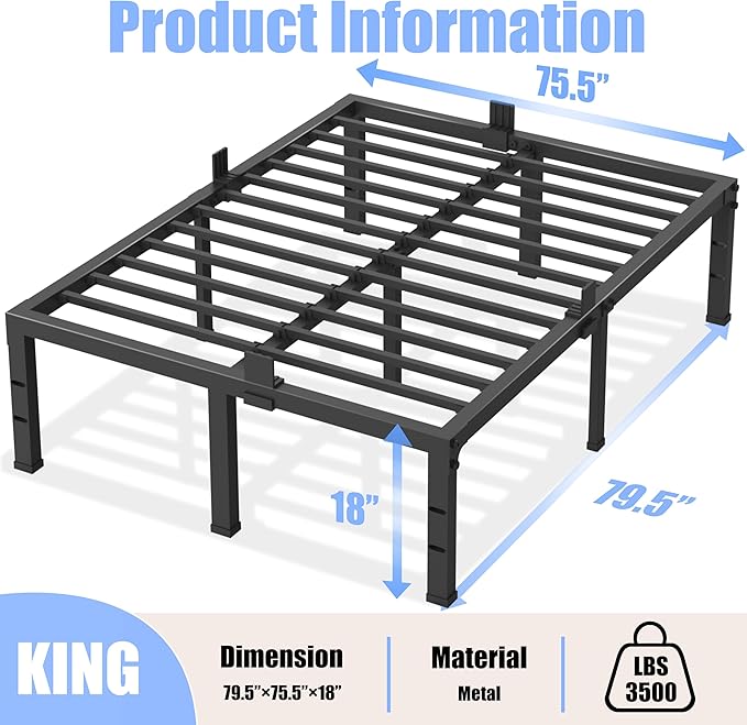 Yitong Angel King Size Bed Frames 18 inch High 3500 lbs Heavy Duty Metal Platform, Mattress Foundation with Steel Slat Support/No Box Spring Needed/Noise Free/Non-Slip/Easy Assembly